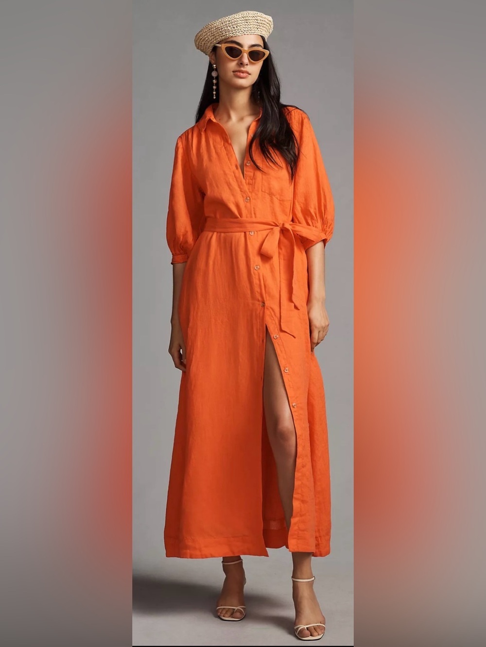 Maeve Anthropologie Orange Button-Front Maxi Dress with Waist Tie, Size Large.
